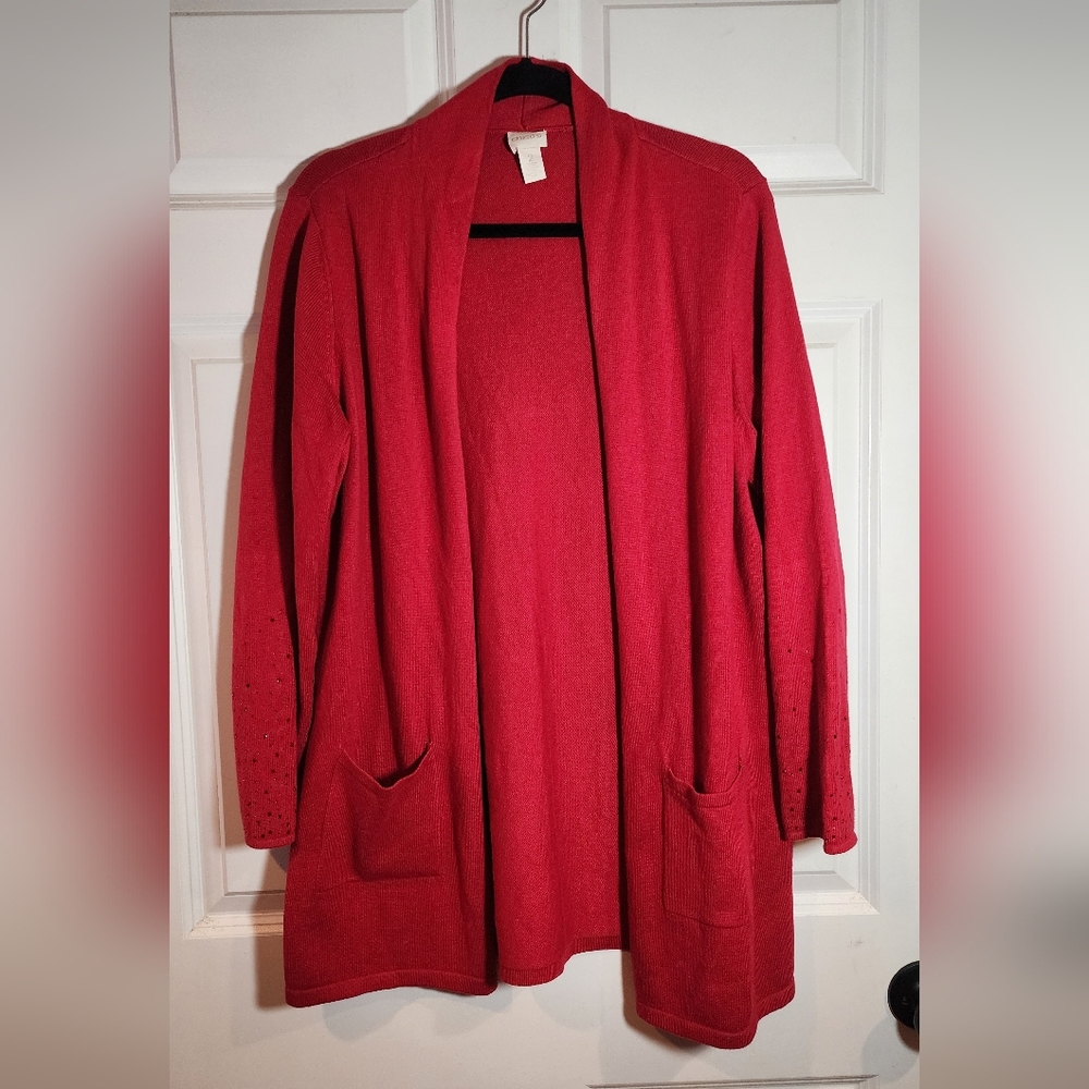 Chico's Red Gem Detail Cotton Blend Open Front Cardigan Sweater Large Chicos 2